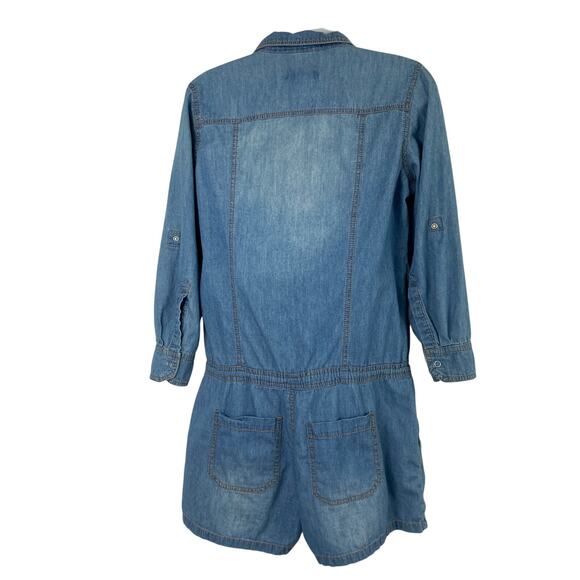 Dollhouse Blue‎ Denim Romper Shortalls Women M Distress Utility Roll Tab Sleeve - Picture 3 of 11